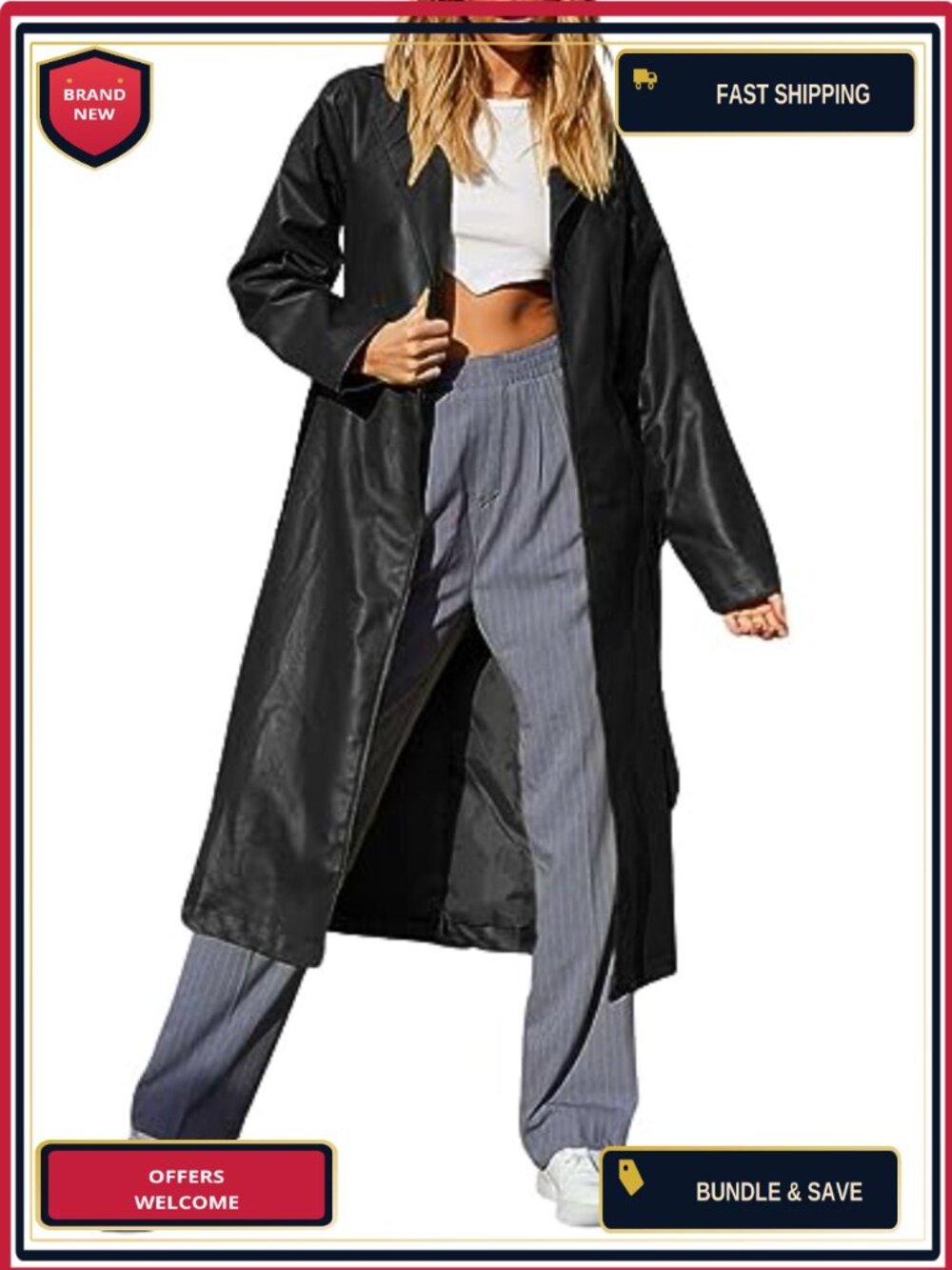 Faux Leather Long Trench Coat with Belt